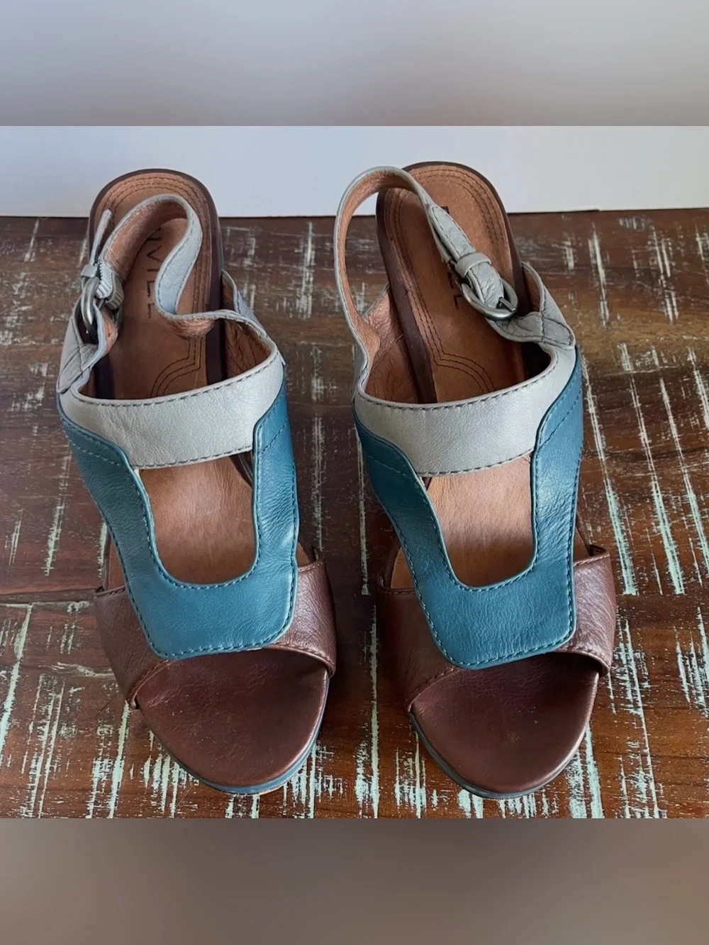 BIVIEL Leather Wedge Sandals in Blue, Brown & Gray